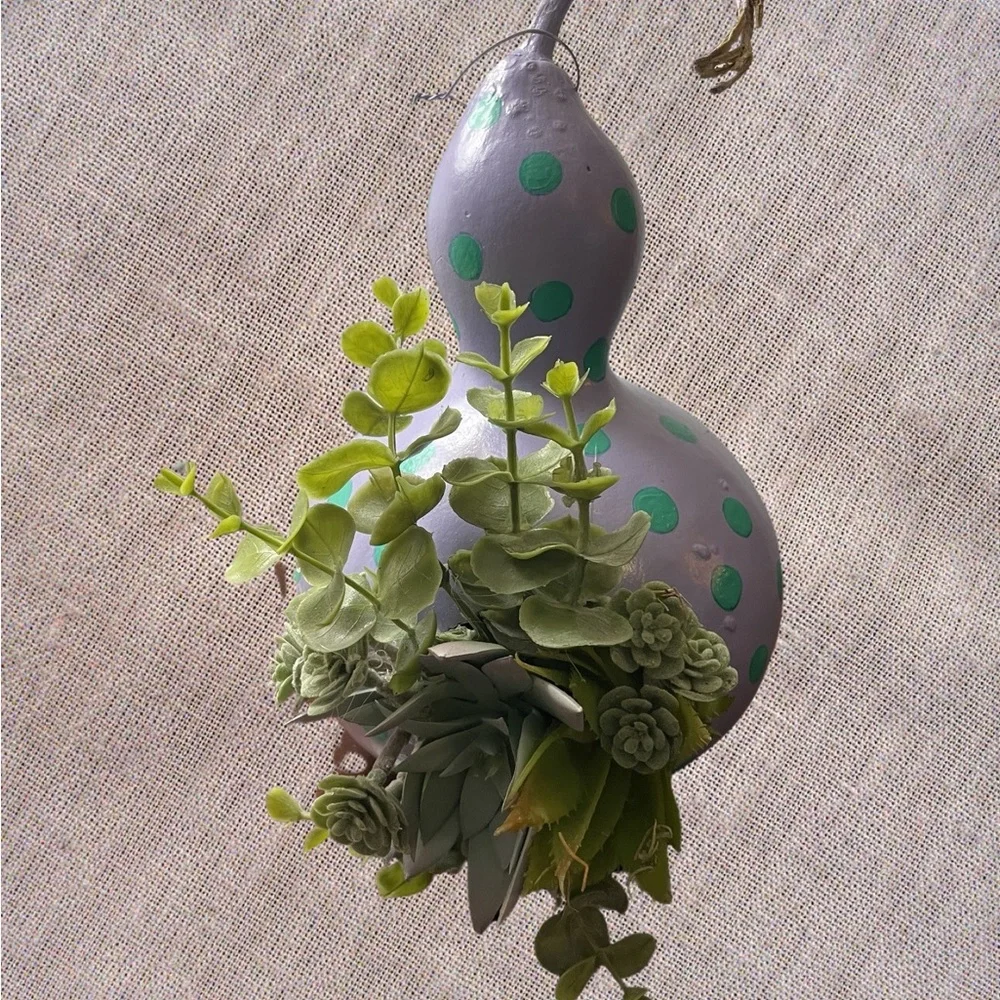 Hand crafted painted dried gourd planter purple aqua blue dots faux succulents - Picture 5 of 16